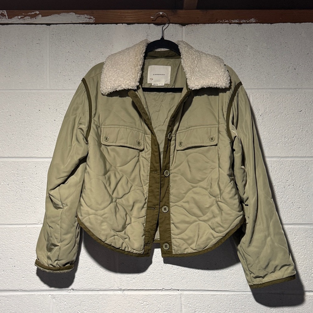 Anthropologie Women's Quilted Sherpa Collar Jacket - Olive